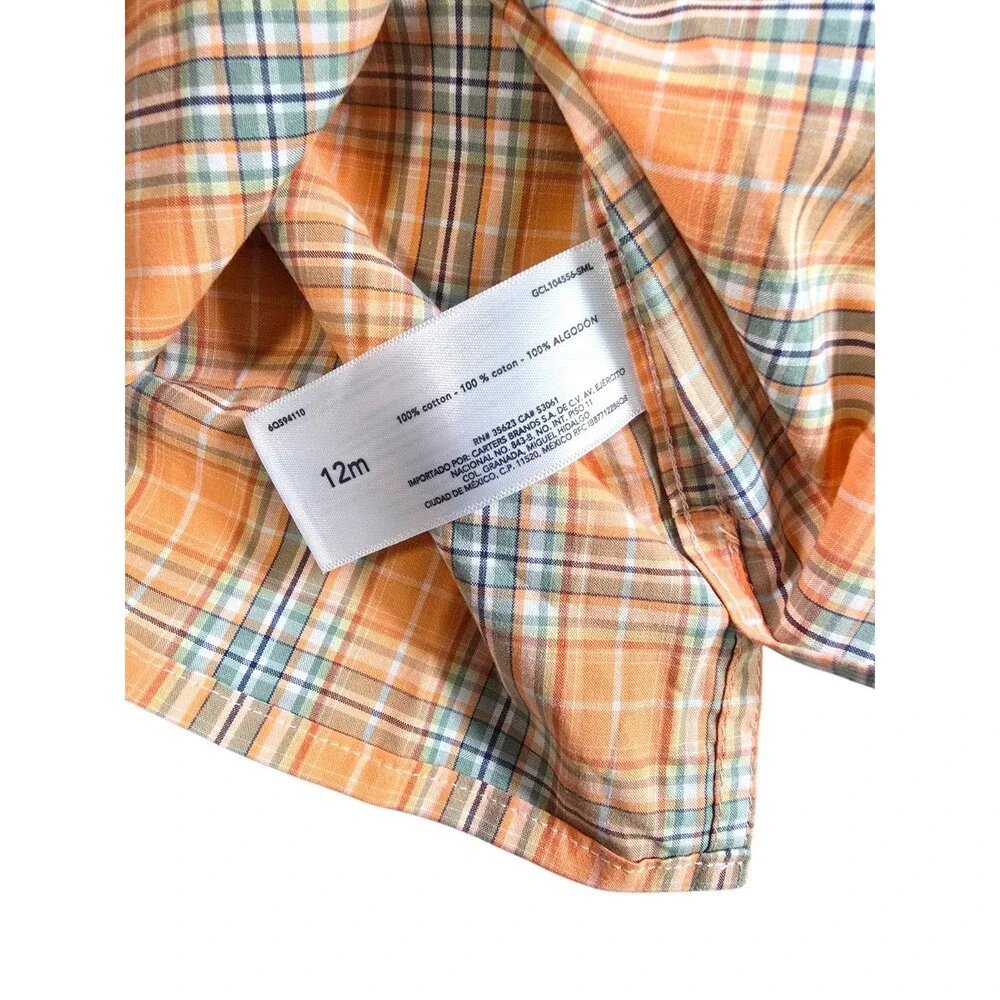 Oshkosh B'Gosh Boy's Orange & White Plaid Short Sleeve Button Down Shirt Sz 12M